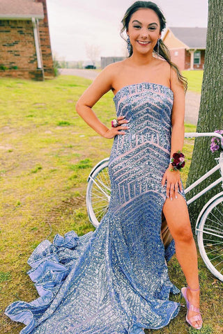 Sky Sequins Strapless Long Prom Dress