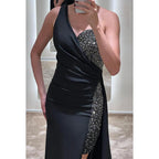Vestido de fiesta sin mangas con lentejuelas de satén y un solo hombro con corte tubo/columna