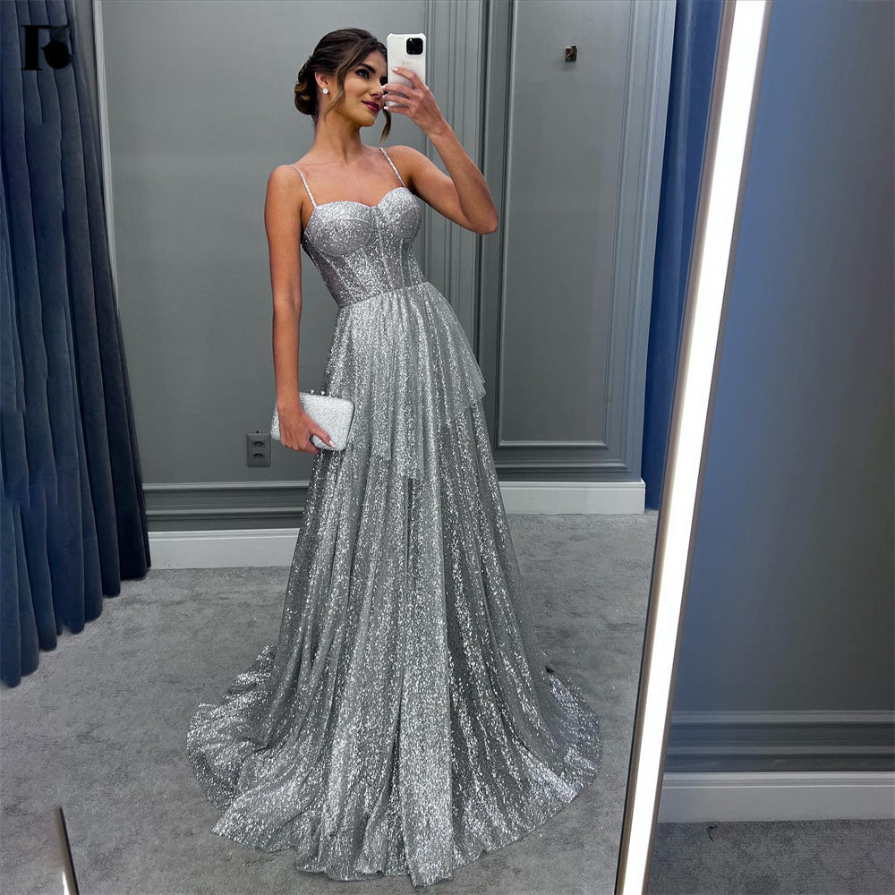 Robe de bal argentée à fines bretelles, robe de soirée à sequins et à volants, robe de mariée ou de cérémonie. 