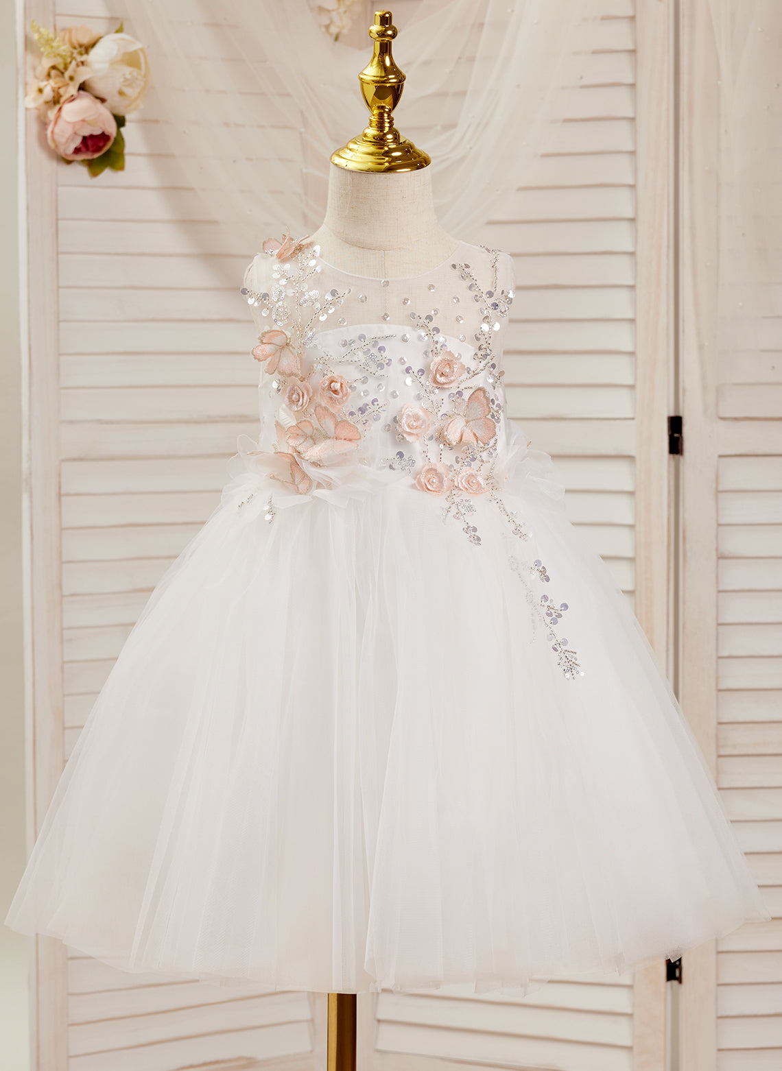 Vestido blanco de tul hasta la rodilla, corte en A (2003227138) 