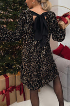 Robe mini ample en velours à sequins et nœud dans le dos, manches cloche, mini robe 