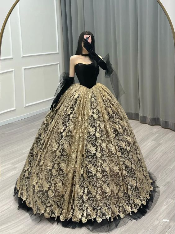 Vestido de gala vintage/retro con estampado dorado y negro, corsé, espalda descubierta, largo hasta el suelo/largo para baile de graduación formal Y7157