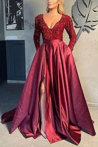 Magnifique robe de bal en satin à sequins, manches longues et col en V 