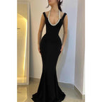Vestido de noche formal de sirena con escote en V y espalda descubierta con cuentas 