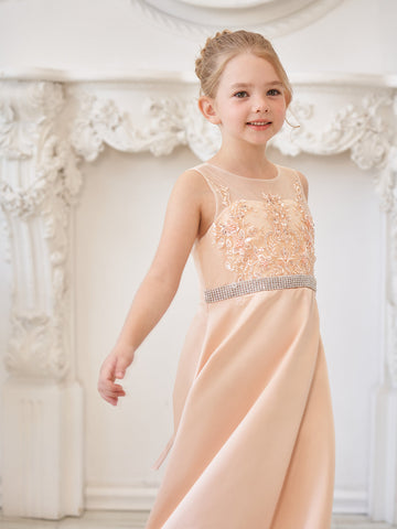 Vestido color champán de corte A con cola de tul satinado (010226776) 