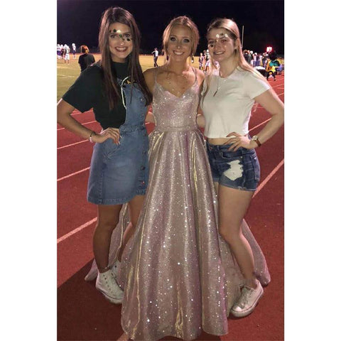 Robe de bal trapèze à bretelles spaghetti et col en V, robe scintillante