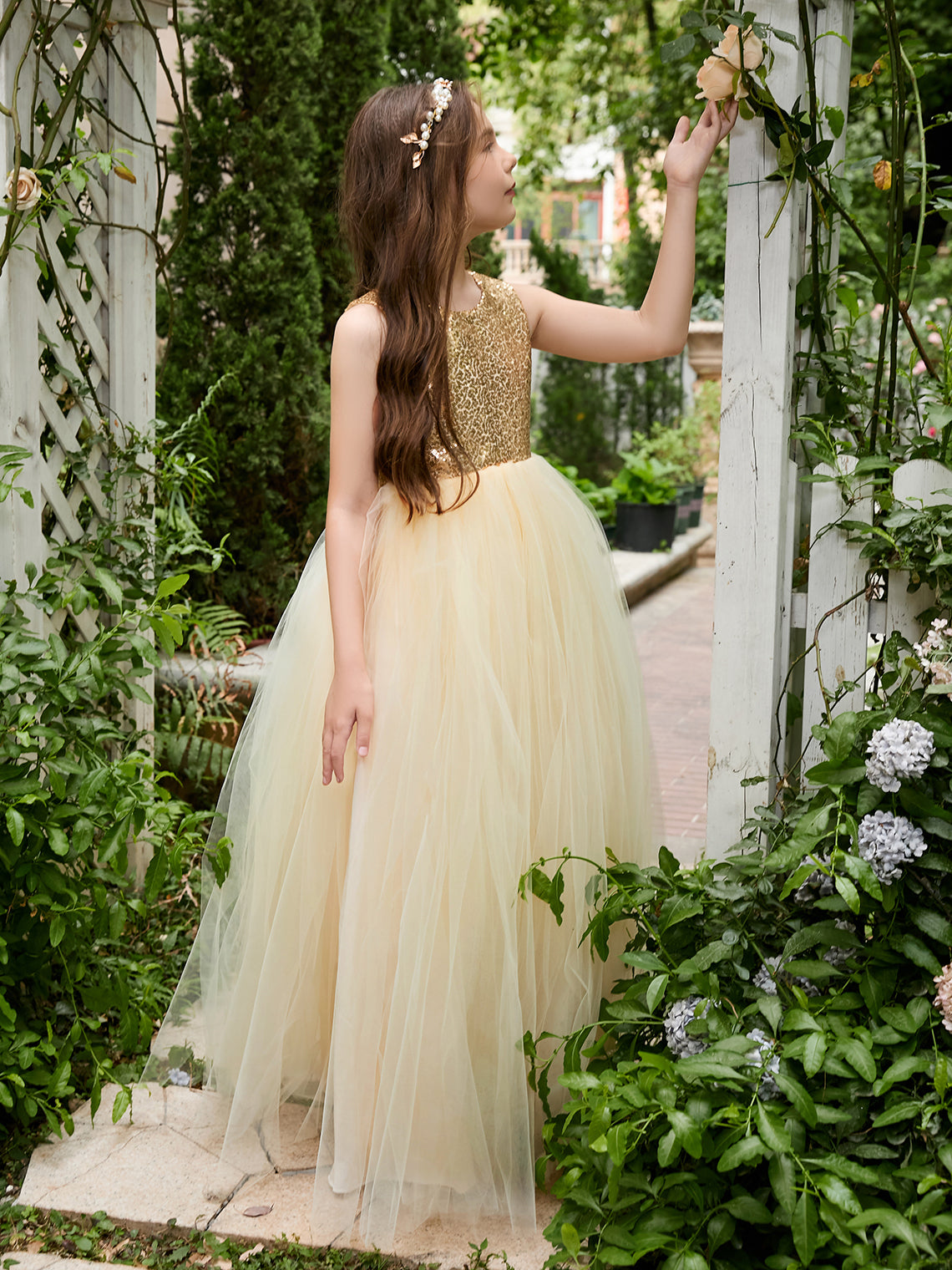 Vestido de princesa/de princesa de tul hasta el suelo para niña de las flores, color champán 
