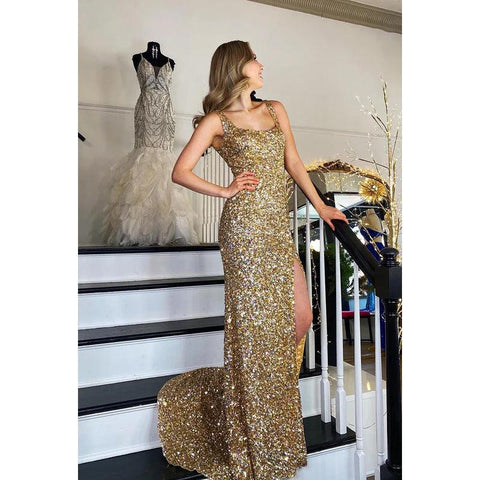 Sheath/Column Straps Sequined Split Sleeveless Prom Dress