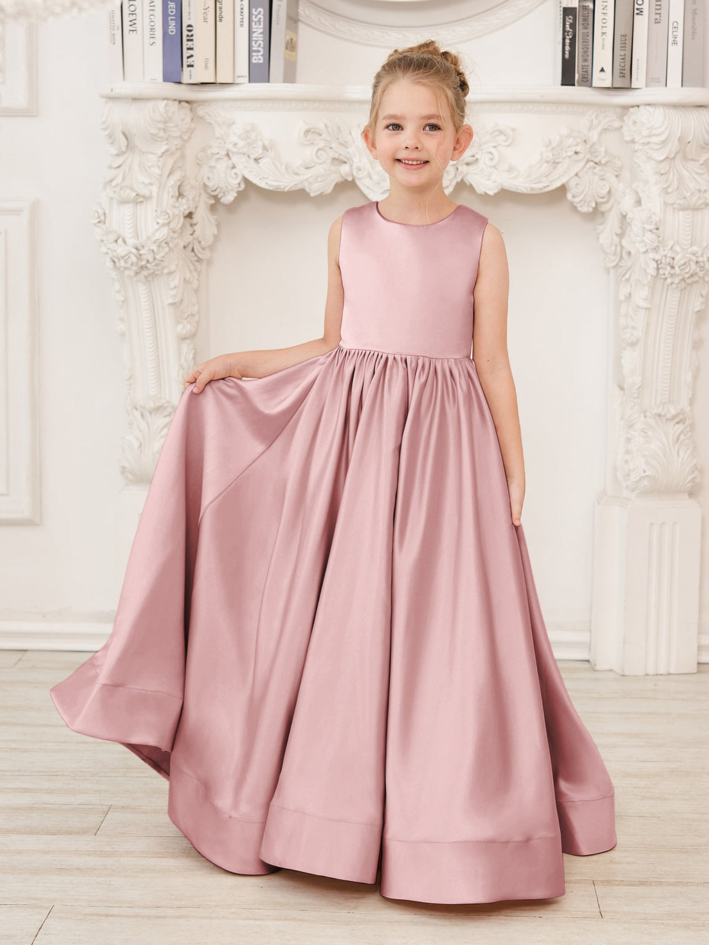 Vestido de niña de las flores de corte A, de satén y encaje, hasta el suelo 