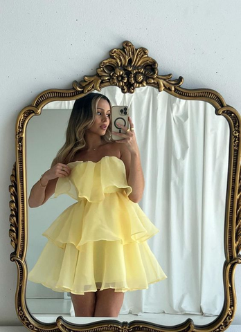 Robe de bal courte jaune en tulle, robe de soirée Y7667