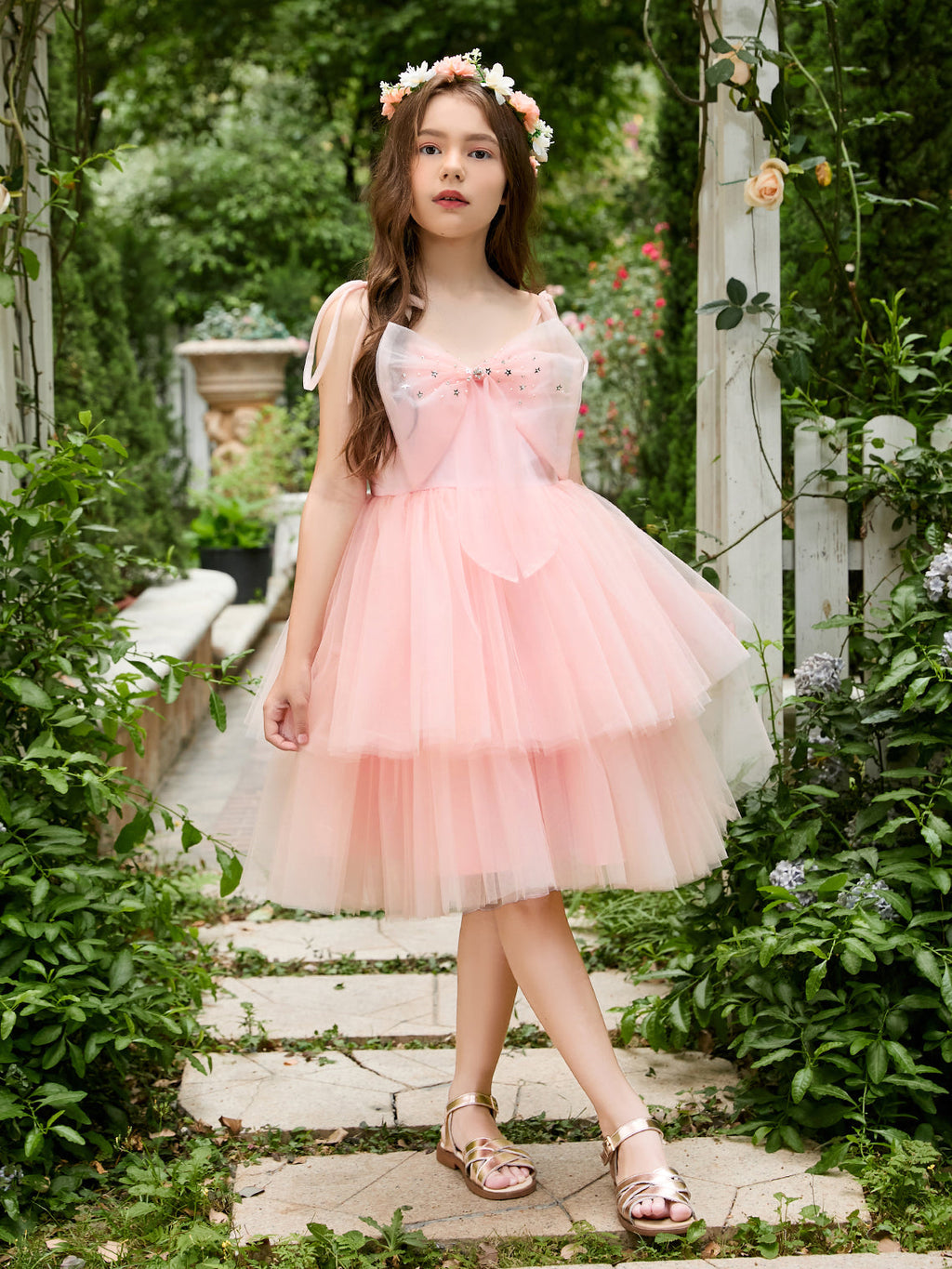 Vestido rosa perla de corte A y largo hasta la rodilla de tul (2003224887) 