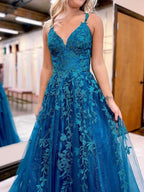 Robe de bal longue en tulle pailleté et dentelle florale, col V, robe de soirée maxi 