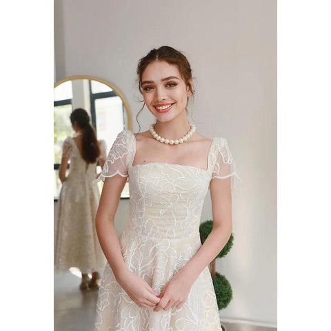 Robe de soirée trapèze en tulle imprimé, col carré, manches courtes, longueur thé