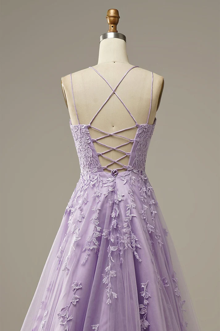 Robe de bal élégante lavande, robe de soirée trapèze ornée d'appliqués, Y1129
