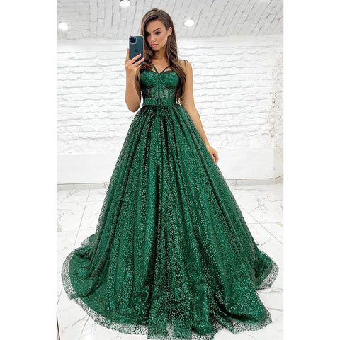 Robe de bal trapèze scintillante à bretelles spaghetti et poches 