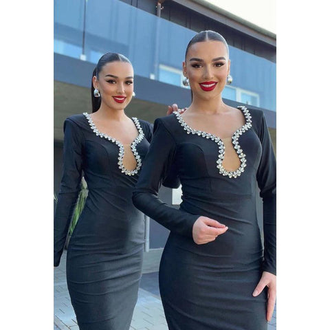 Elegant & Luxurious Rhinestone Long Sleeves V-neck Sheath Evening Prom Dress