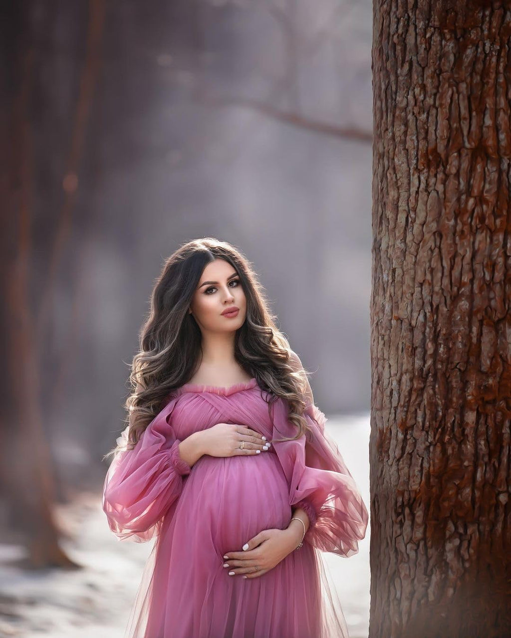 Vestido de maternidad con mangas abullonadas, bata de tul para sesión de fotos, vestido de embarazo con hombros descubiertos para baby shower 