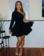 Vestido de cóctel corto con lentejuelas brillantes, corte en A, un solo hombro, estilo africano, formal, de manga larga, para fiesta de bienvenida Y4048