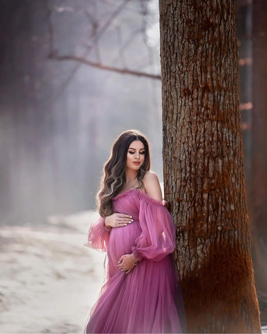Puffy Sleeve Maternity Dress Tulle Robe for Photoshoot Off Shoulder Pregnancy Baby Shower Gown