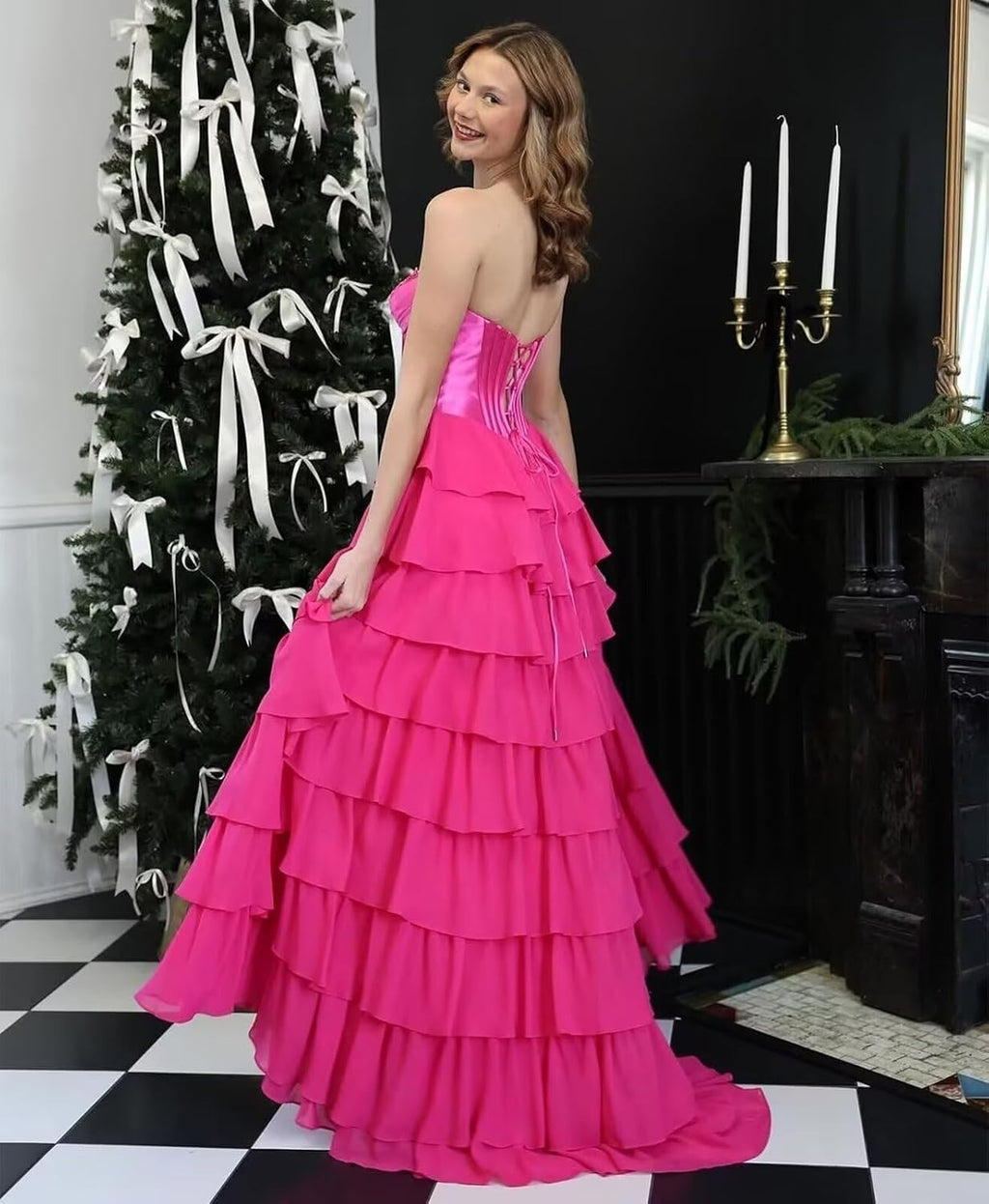 Robe de bal bustier sans bretelles pour femme 2025, longue robe de soirée formelle en mousseline à volants étagés avec fente 