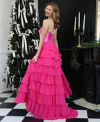Robe de bal bustier sans bretelles pour femme 2025, longue robe de soirée formelle en mousseline à volants étagés avec fente 