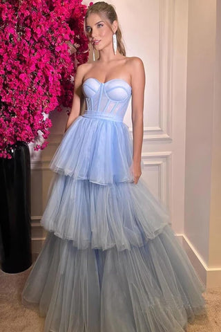A-line Tiered Ruffled Long Tulle Prom Dress