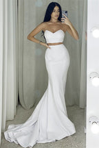 Robe de bal blanche sirène longue deux pièces sans bretelles