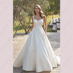 Civil V-Neck Wedding Dresses Square Collar Satin Bridal Gowns A-line Backless Buttons Bride Party Spaghetti Straps