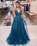 Robe de bal longue en tulle pailleté et dentelle florale, col V, robe de soirée maxi 
