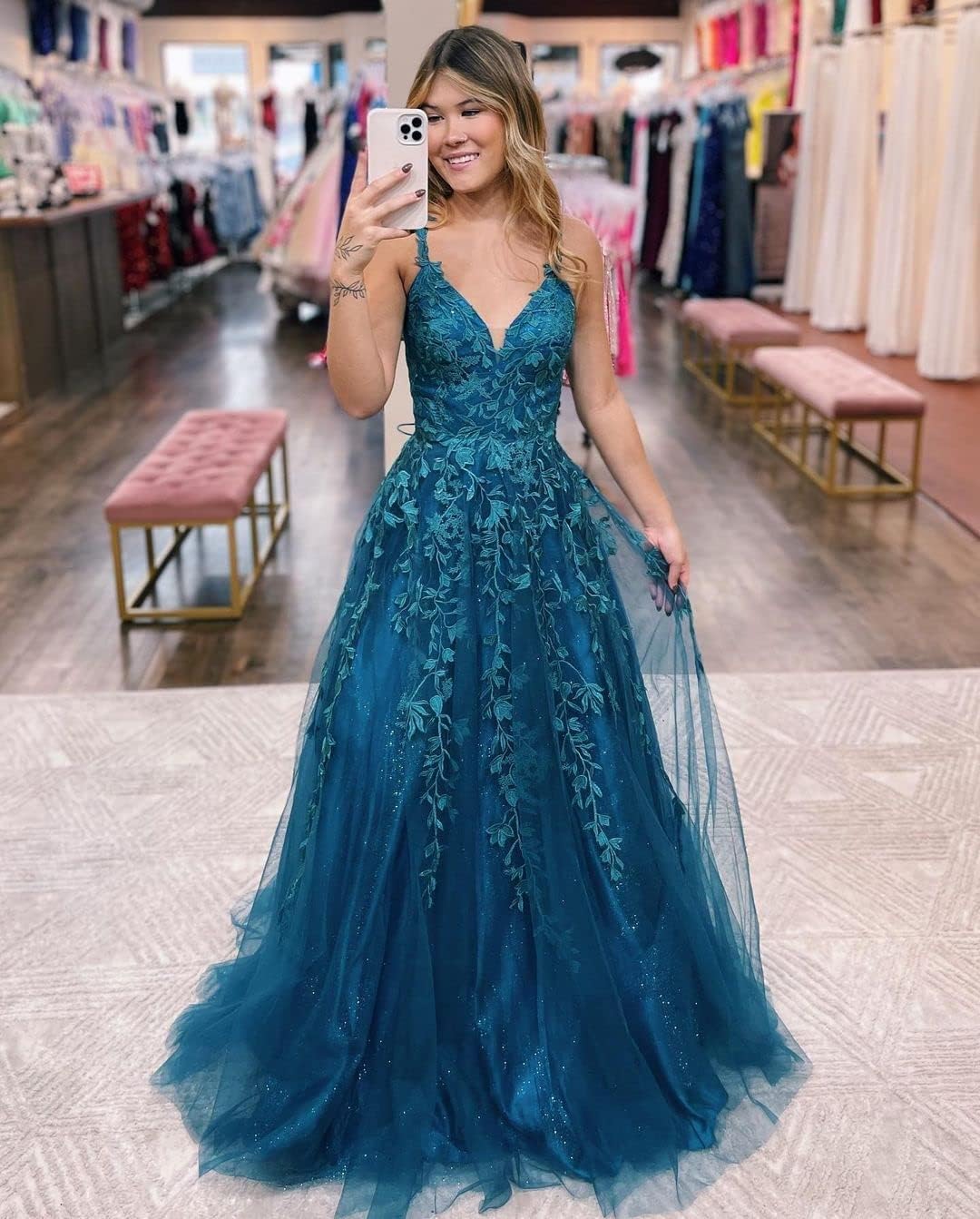 Robe de bal longue en tulle pailleté et dentelle florale, col V, robe de soirée maxi 