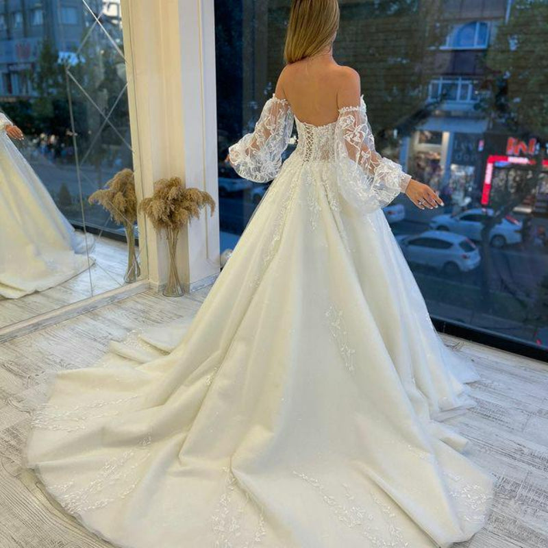 Robe de mariée en tulle à décolleté cœur, épaules dénudées, lacets, applications et perles, robe de mariée en dentelle à manches bouffantes, collection 2022