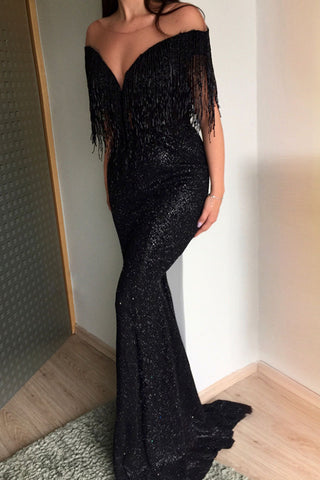 Robe de soirée sexy unie à franges et col en V 