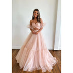 Vestido largo de fiesta de bienvenida con escote en forma de A, de tul fruncido y sin tirantes