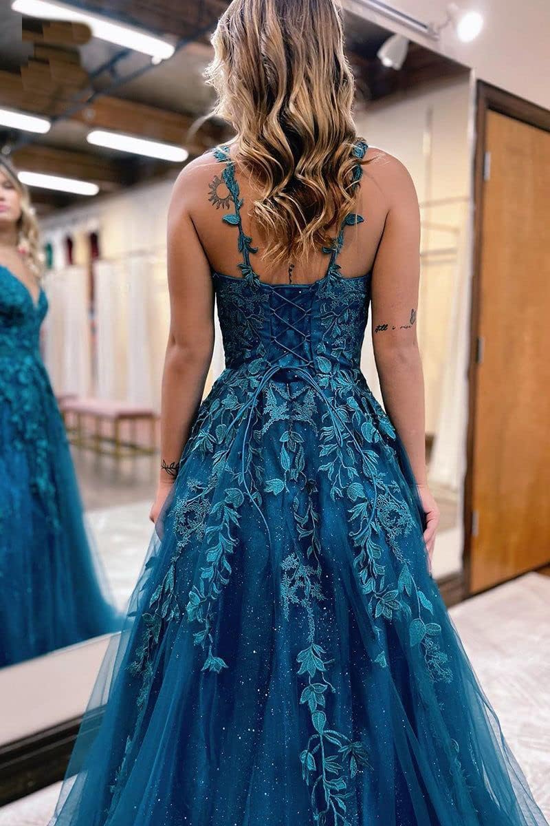 Robe de bal longue en tulle pailleté et dentelle florale, col V, robe de soirée maxi 