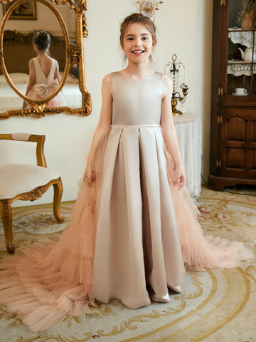 Vestido color champán de corte A con cola de tul satinado (010225319) 