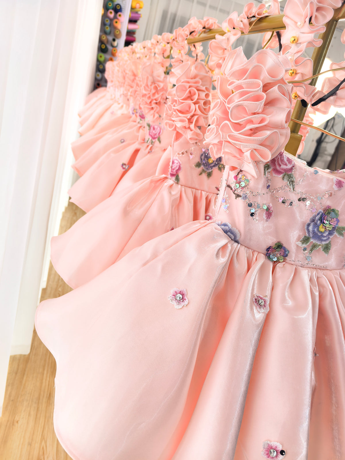 Floral Embroidery Sequins Tulle Knee-length Pink Baby Girl Dress