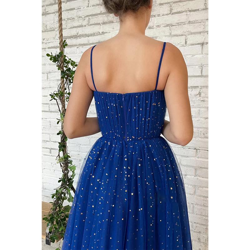 Robe de bal scintillante en tulle étoilé à bretelles spaghetti et poches 