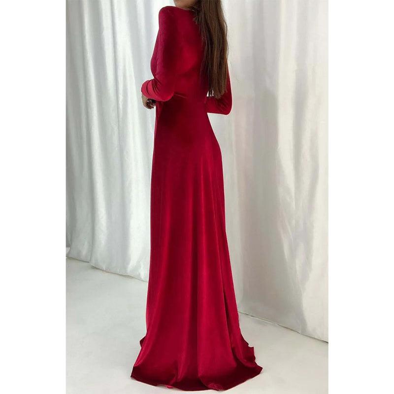 Vestido de noche largo y sencillo de terciopelo con escote en V y mangas largas, sexy y atractivo. 