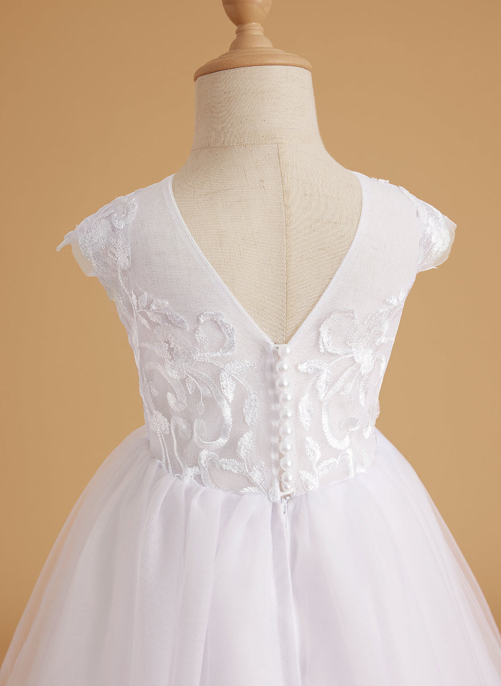 Vestido rosa de niña de las flores, corte en A, encaje, tul y cola corta 