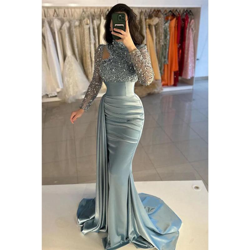 Vestido de noche de fiesta con cuello alto, mangas largas y lentejuelas, corte tubo/columna 