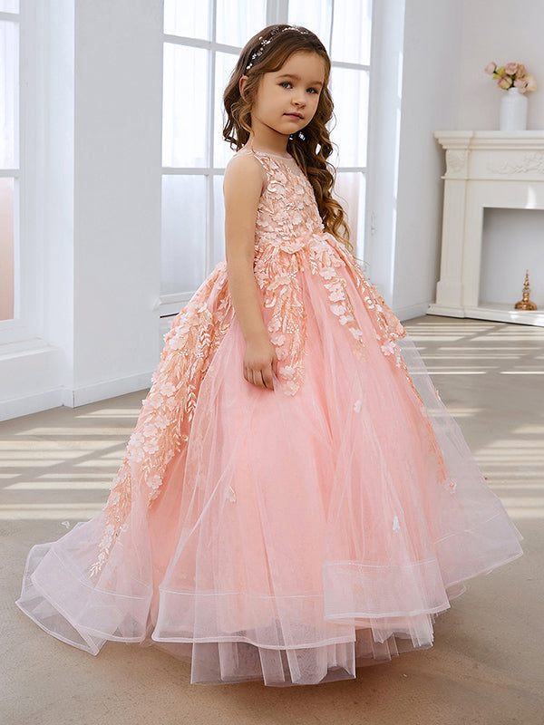 Vestido de princesa rosa para niñas con apliques de encaje 