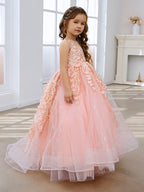 Vestido de princesa rosa para niñas con apliques de encaje 