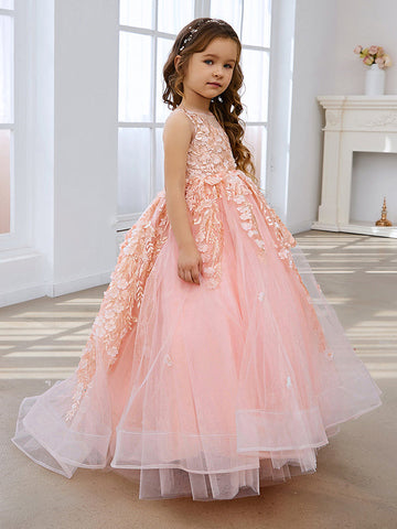 Robe de bal rose de princesse pour filles avec applications de dentelle 
