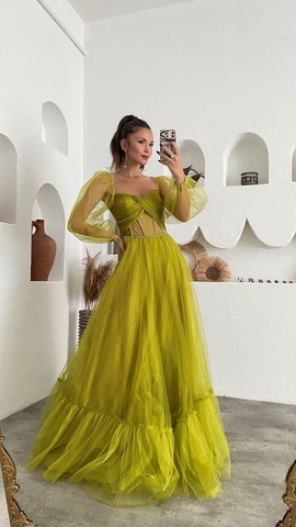 Vestido de fiesta de hada verde para adulto, vestido largo de tul con corsé Y6148