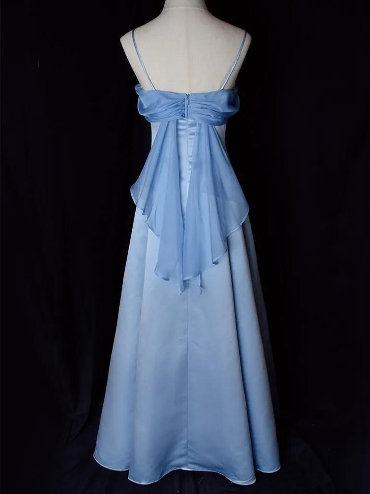 Robe de soirée élégante en satin bleu à fines bretelles, coupe trapèze, longue, idéale pour les fêtes et les bals de fin d'année (Y7557)