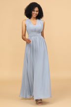 Robe de demoiselle d'honneur longue convertible en mousseline grise et bleue