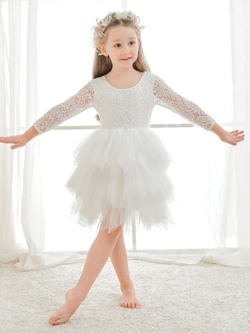 Vestido blanco de tul y encaje hasta la rodilla (2003227580) 