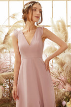 Vestido de dama de honor de gasa color rubor con espalda descubierta