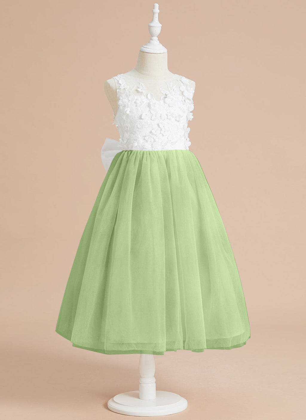 Vestido midi de encaje floral y lazo grande 