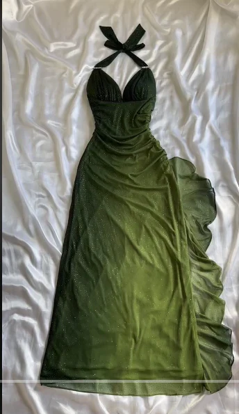 Vestido largo de fiesta de noche de gasa con escote en V verde degradado y cuello halter sexy Y7484